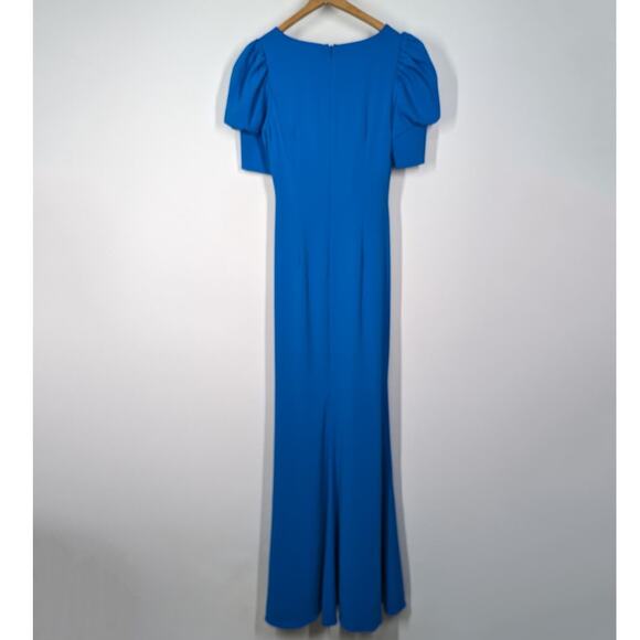 Badgley Mischka Odessa Split Front Crepe Gown V-Neck Puff Sleeves Blue Size 0 - Picture 5 of 15